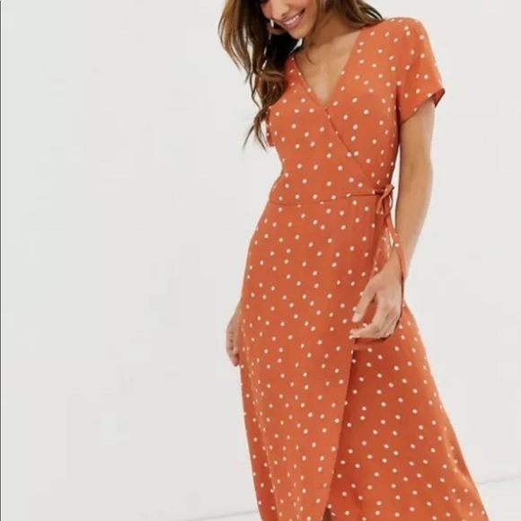 NEW! ASOS Warehouse Wrap Midi Dress Orange Polka Dot - Picture 4 of 9